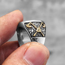 Mens No Fade Stainless Steel Viking Pirate Ax Stainless Steel Gold Accented Rings