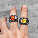 Mens No Fade Silver Stainless Steel Red Yellow Devil's Eye Rings