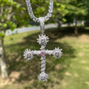  Pink Passion  | Prong Set Center Stone Heart Cross Iced Pendant Necklace