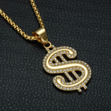 Hip Hop 14k Gold Micro Pave Simulated Diamond Stainless Steel Dollar Sign Hip Hop Pendant Hip Hop 14k Gold Micro Pave Simulated Diamond Stainless Steel Dollar Sign Hip Hop Pendant