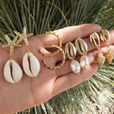 Ladies Boho Fashion Gold Shell Starfish Small Hoop Stud Earrings Jewelry Set Ladies Boho Fashion Gold Shell Starfish Small Hoop Stud Earrings Jewelry Set