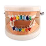 Hip Hop Rainbow Tear Drops 14k Gold .925 Silver  Grillz Top Bottom Teeth Grill Set