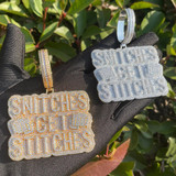 Mens Hip Hop Name Plate Snitches Get Stitches Flooded Iced Blinged Out Pendant