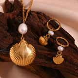 18k Gold Eco-friendly Freshwater Pearl Boho Shell Necklace Hoop Earrings Jewelry Set