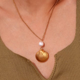 18k Gold Eco-friendly Freshwater Pearl Boho Shell Necklace Hoop Earrings Jewelry Set