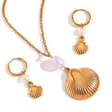18k Gold Eco-friendly Freshwater Pearl Boho Shell Necklace Hoop Earrings Jewelry Set