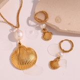 18k Gold Eco-friendly Freshwater Pearl Boho Shell Necklace Hoop Earrings Jewelry Set