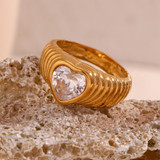 18k Gold Tarnish Free Heart Love Radiates Wave Zircon Waterproof Stainless Steel Rings