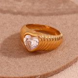 18k Gold Tarnish Free Heart Love Radiates Wave Zircon Waterproof Stainless Steel Rings