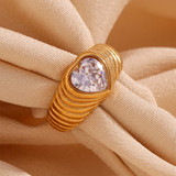 18k Gold Tarnish Free Heart Love Radiates Wave Zircon Waterproof Stainless Steel Rings