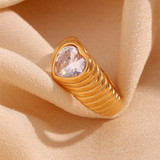 18k Gold Tarnish Free Heart Love Radiates Wave Zircon Waterproof Stainless Steel Rings