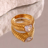 18k Gold Tarnish Free Heart Love Radiates Wave Zircon Waterproof Stainless Steel Rings