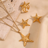 Ladies 18k Gold Starfish Necklace Earrings Ring Waterproof Stainless Steel Jewelry Set