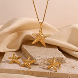 Ladies 18k Gold Starfish Necklace Earrings Ring Waterproof Stainless Steel Jewelry Set