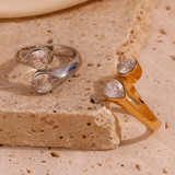 Womens Double Tear Drop CZ Bling Adjustable Waterproof Stainless Steel Rings