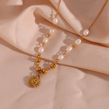 Ladies 18k Gold Freshwater Pearl Beads Stainless Steel Optimistic Sun Good Vibes Necklace