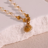 Ladies 18k Gold Freshwater Pearl Beads Stainless Steel Optimistic Sun Good Vibes Necklace