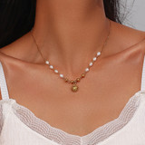 Ladies 18k Gold Freshwater Pearl Beads Stainless Steel Optimistic Sun Good Vibes Necklace