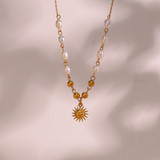 Ladies 18k Gold Freshwater Pearl Beads Stainless Steel Optimistic Sun Good Vibes Necklace
