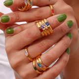 18k Gold Waterproof Stainless Steel Cubic Zirconia Shell Enamel Bling Rings