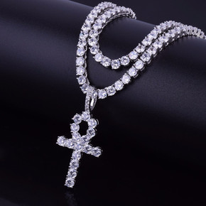 22k Gold .925 Silver Ankh Cross AAA Handset Micro Pave Tennis Chain Pendant