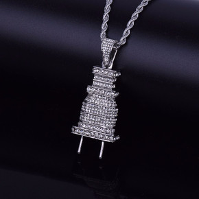 .925 Silver 18k Gold Men's AAA True Micro Pave Flooded Ice Power Plug Hip Hop Pendant Necklace