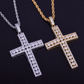 Mens 18k Gold .925 Silver Ultra Ice Silver Hip Hop AAA Micro Pave Cross Pendant Chain Necklace