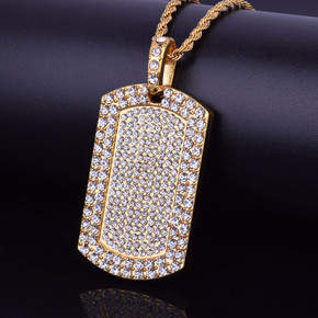 Flooded Ice AAA Cluster Handset Stone Dog Tag 14k Gold Bling Chain Pendant