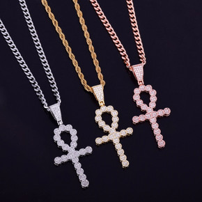 Key Of Life Ankh Cross 18k Rose Gold Silver Deep Set Micro Pave Stone Pendant Chain Necklace