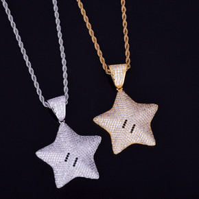 18k Gold .925 Silver Mario Power Star AAA True Micro Pave Bling Pendant Chain Necklace