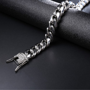 14mm Hip Hop Men's Iced Clasp Stainless Steel Miami Cuban Link Bracelet