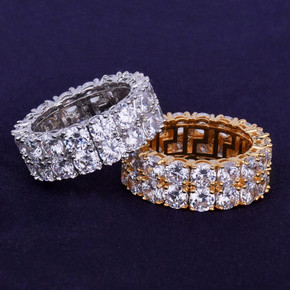 Two Row Solitaire 18k Gold .925 Silver AAA Clustered Flooded Ice Ring Two Row Solitaire 18k Gold .925 Silver AAA Clustered Flooded Ice Ring