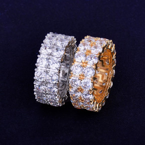 18k Gold .925 Silver 2 Row Clusters of Ice Hip Hop Rings