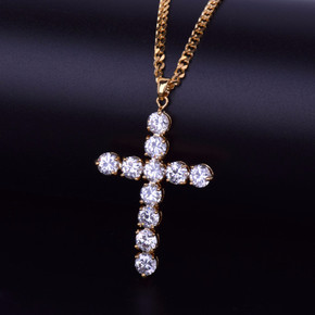 24k Gold Cluster Stone Iced Cross Pendant