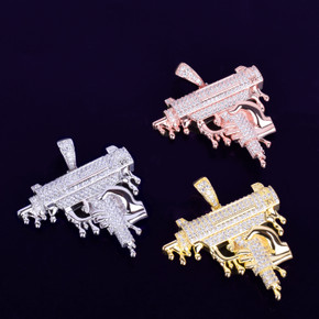 Rose Gold Silver Hand Holding Dripping Uzi Machine Gun Chain