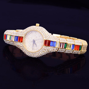 Ladies Flooded Ice Luxury Candy Baguette Iced Gold Stainless Steel Bling Watch