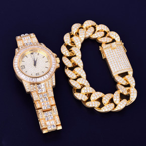 Lab Diamond Luxury Baguette 14k Gold Stainless Steel Bling Watch Cuban Link Bracelet Set