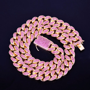 Iced Pink Lab Diamond Micro Pave Stone Miami Cuban Link Chain Necklace 