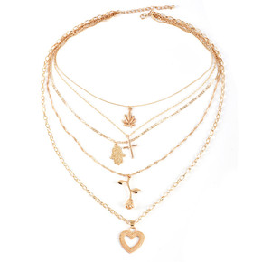Womens Weed Fashion Peach Heart Rose Multi layer Clavicle Boho Necklace Gold 5 Piece Set