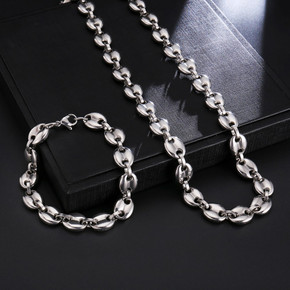 Silver Over Stainless Steel No Fade Coffee Bean Chain Necklace Set