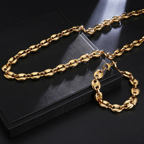 11MM G Link Coffee Beans Stainless Steel 14k Gold Silver Hip Hop Chain Bracelet Jewelry Set