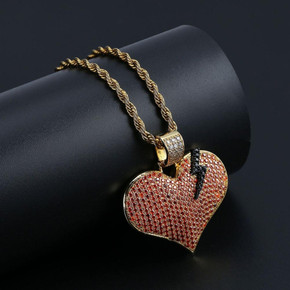 Iced Red Blinged Out 3A Stone 14k Gold Broken Heart Lightning Bold Pendant Chain Necklace