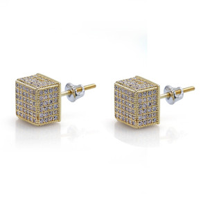 14k Gold Silver Flooded Ice AAA Micro Pave 8mm Square Stud Hip Hop Earrings