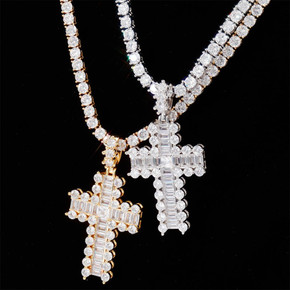 Mini Baguette Paved 14k Rose Gold Silver Hip Hop Cross Pendant Chain Necklace