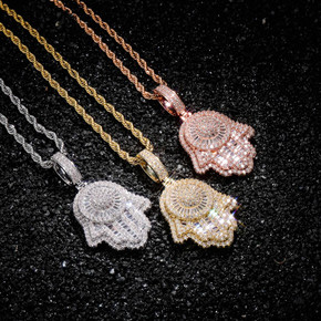 New Hamsa Hand AAA Micro Pave Baguette Stone Rose Gold Silver 14k Pendant