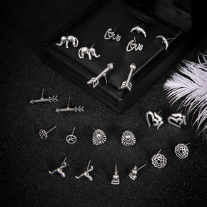 Boho Fashion 11 Pair Retro Moon Elephant Buddha Flower Arrow Delicate Silver Earrings Silver Set