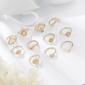 Ladies 11 Piece Gold Vintage Crown Moon Fishtail Gem Ring Jewelry Set