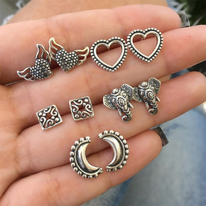 10 Pcs/set Bohemian Retro Elephant Heart Wing Moon Square Silver Earrings Set