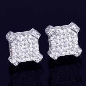 10MM Catercorner Square 14k Gold Silver Bling AAA Micro Pave Iced Earrings