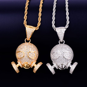 Flooded Ice True Micro Pave Hip Hop Skull Gas Mask 18k Gold .925 Silver Pendant Chain Necklace